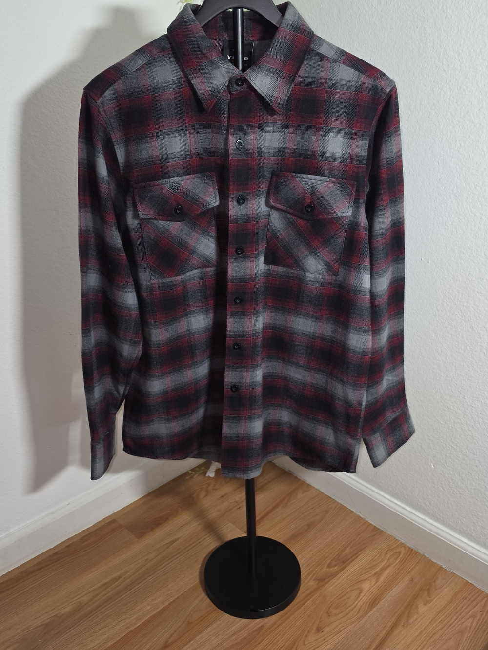 Men's Grey and Red Plaid Button-Down Shirt